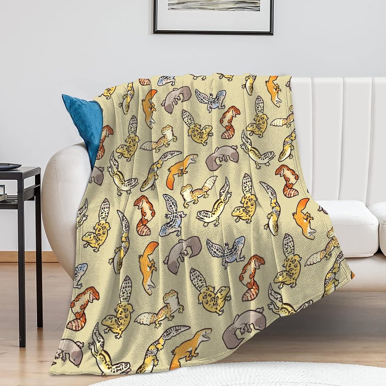 Cartoon Cute Leopard Gecko Pattern Blanket Throw Warm Cozy Flannel Fleece Lightweight Plush for Living Room Bedroom Sofa Couch for Kids and Adults - 60inchx80inch White-style