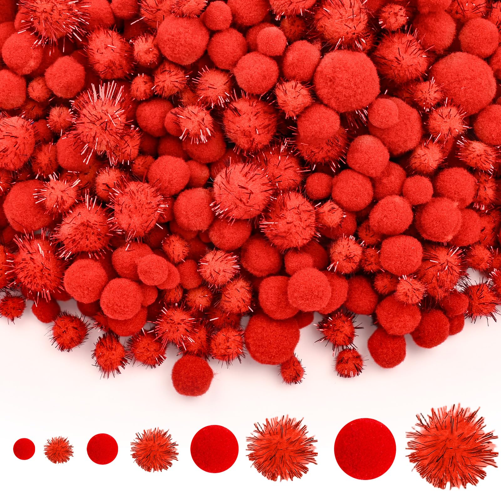 CHRORINE 1200 Pcs Pom Poms for Crafts Sparkly Assorted in 4 Sizes Pom Poms Bulk Essential for Arts DIY and Holiday Decorations (Red)