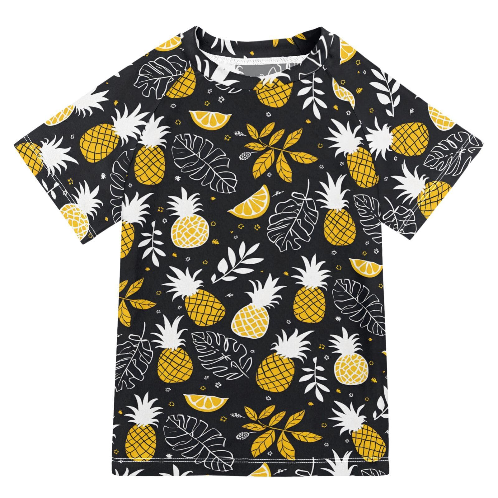 ALAZA Boys Swim Shirt Short Sleeve Rash Guard for Boys Girls UPF 50+ Pineapples Black Yellow 9-10T