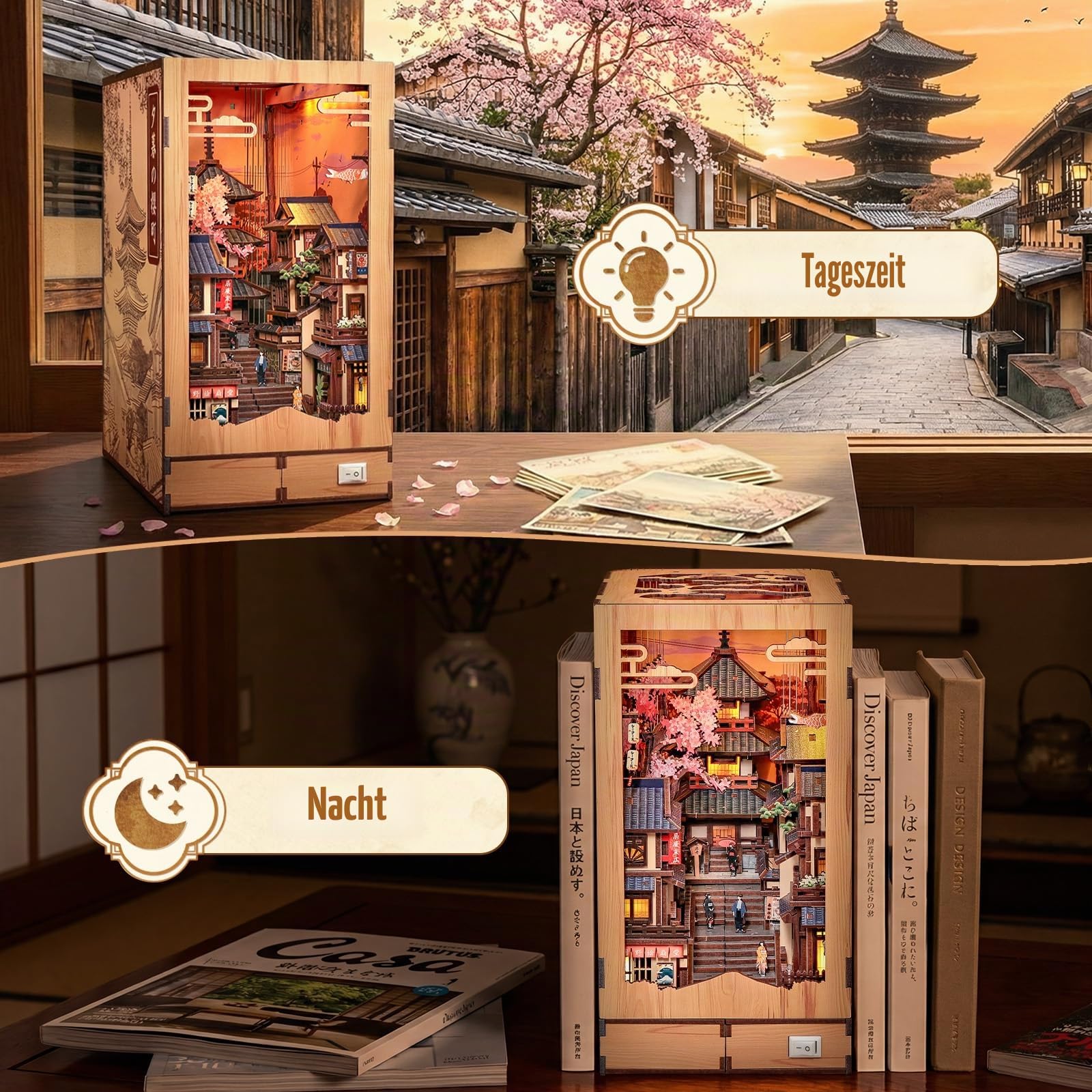 CUTE BEE Book Nook Sakura - Japanisches Booknook Kit & Miniatur Haus zum Selberbauen, DIY Miniature House mit LED-Licht, 3D Puzzle Erwachsene Bücherregal Deko Holzbausatz (Twilight Sakura Path)