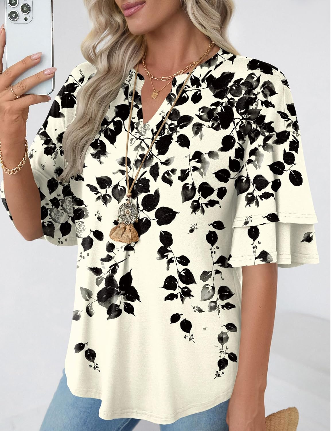 LOMON Womens Tops Ruffle Short Sleeve Blouses Fashion V Neck T Shirts Dressy Casual 3/4 Bell Sleeve Tee Spring Summer Clothes - Image 4