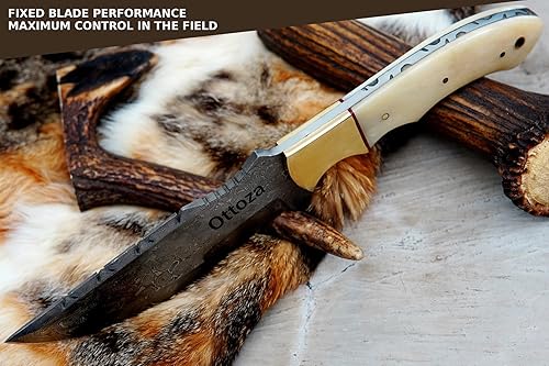 Miniatura 7 de Ottoza - Cuchillo de cazador hecho a mano, de acero de Damasco con mango de hueso, con funda, cuchillo de supervivencia, para campamento, de hoja