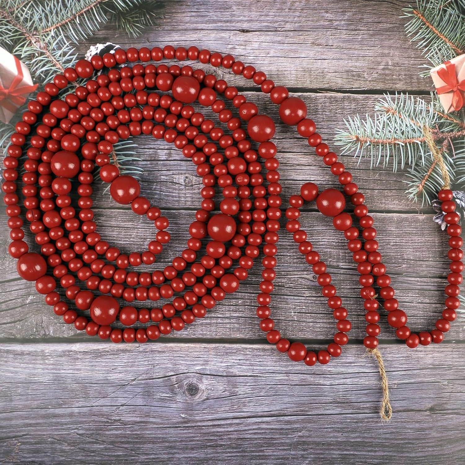 Wood Bead Garland and Vintage Sign for Christmas Home Decoration, 12ft Wood Bead Farmhouse Wall Decoration, Red Berry Garland for Christmas Tree Decoration with Wooden Sign - Image 2