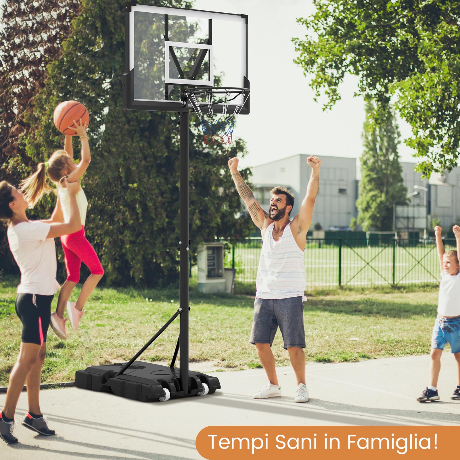 COSTWAY Canestro da Basket Regolabile 160-305 cm in Altezza per Adulti, Canestro con Piantana a Ruote, Canestro con Asta e Base Riempibile per Interno ed Esterno, Nero