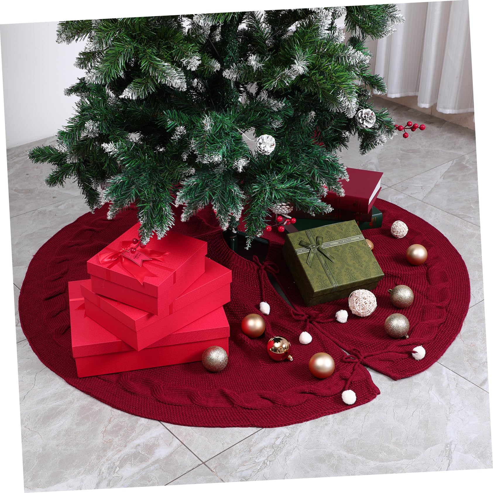 Weihnachtsbaumrock Imitation Gestrickte Wolle 120cm Durchmesser Weinrot Weihnachtsbaumschürze Für Festliche Baumdekoration Und Wohnraum