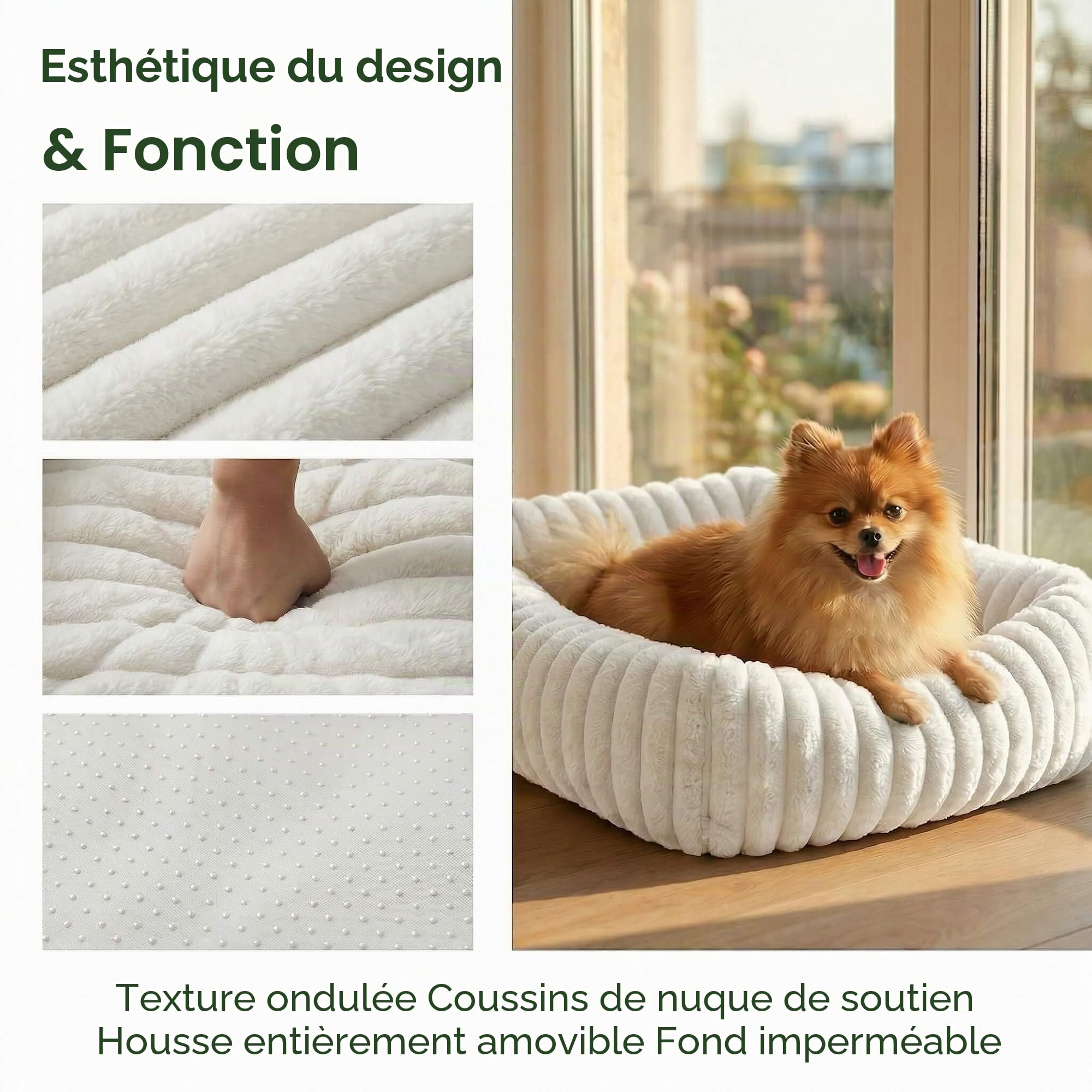 Panier pour Chien 63x53x18cm, Fausse Fourrure Lapin, Blanc | Pour petits et moyens chiens, motif ondulé, douce au toucher, housse déhoussable et lavable, confortable