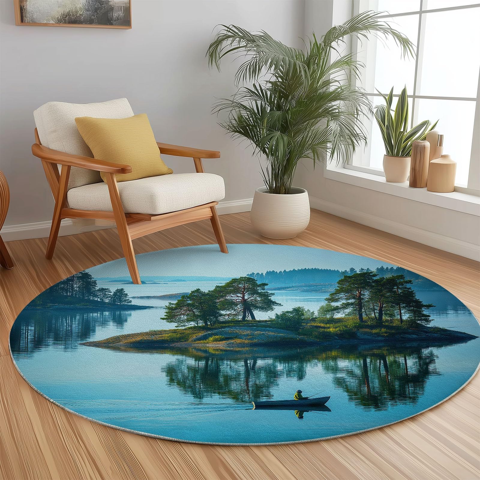 Pescador en una isla aislada alfombra de salón redonda 120 cm alfombra interior, paisaje natural, alfombra antideslizante suave y esponjosa para comedor, dormitorio, sofá o sala de juegos, habitación