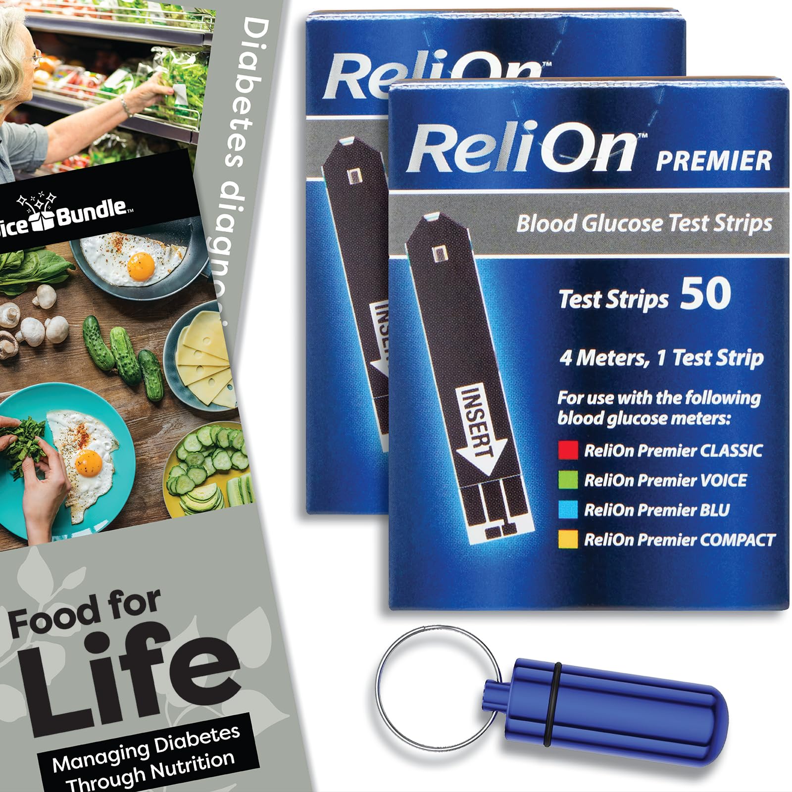 ReliOn Reli On Premier Blood Glucose Test Strips 50 Ct 2 pk Choice Bundle (100 Total) | Includes Food for Life Guide & Portable Pill Container (4 Items)!