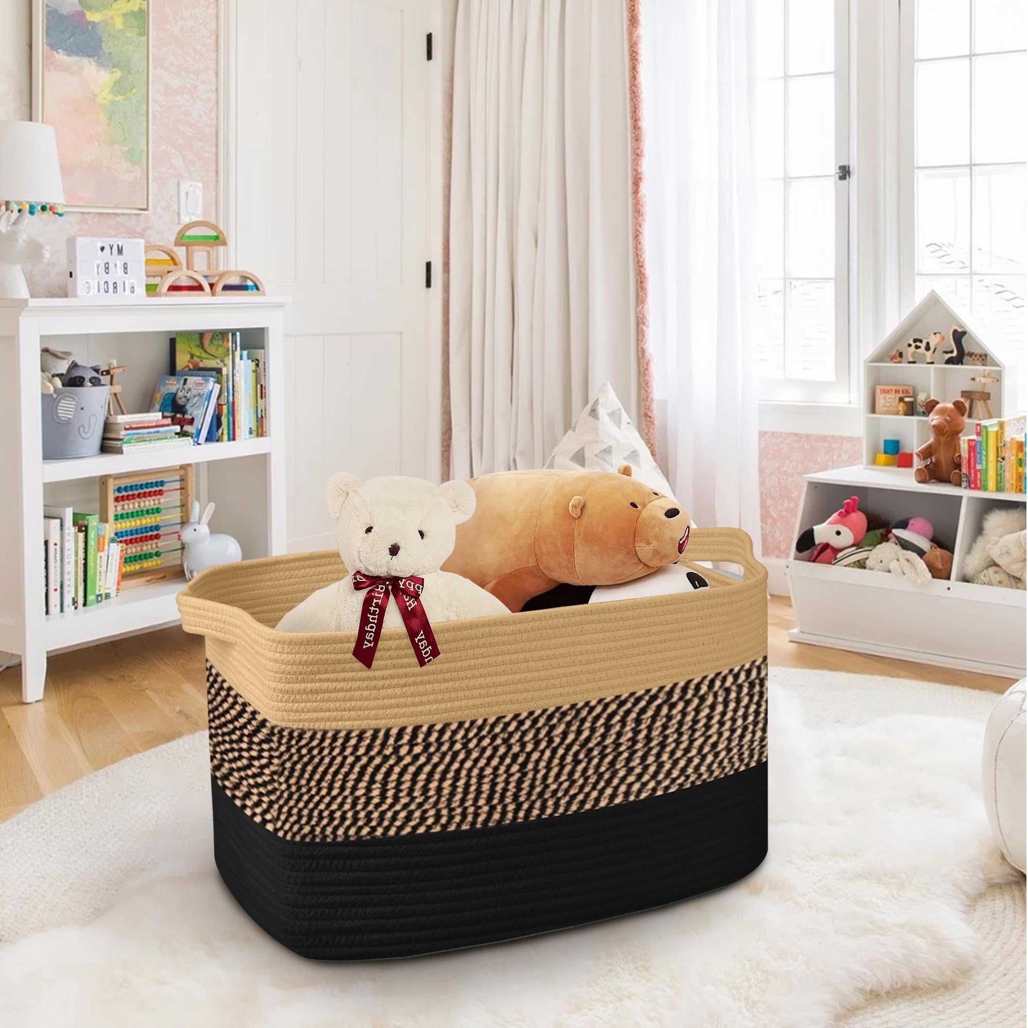 ICERZCZ Cesto Portaoggetti Extra Large In Corda 105L - Rettangolare 63,5x40,6x40,6 Cm Per Coperte, Giocattoli, Vestiti - Bianco E Marrone