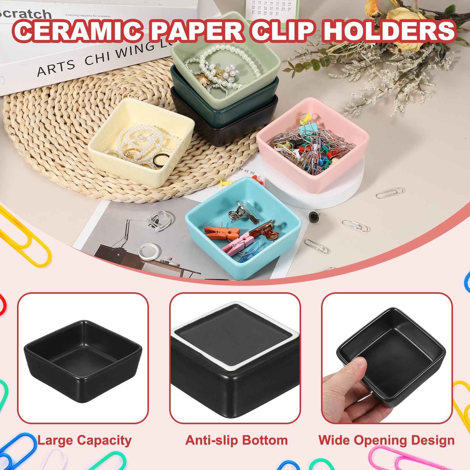 PATIKIL Square Paper Clip Holders, 2 Pcs Ceramic Clip Dispenser Organizer Desk Organizer Accessories for Office Desktop Decor Bobby Pin Binder Paper Clamp, Black - Image 3