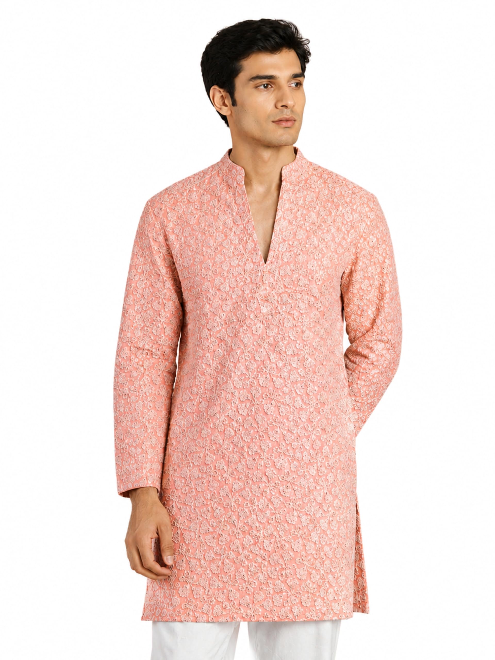 vastramay Men Peach Georgette Floral Thread Embroidered Kurta | Wedding & Festive Outfit-picture-49