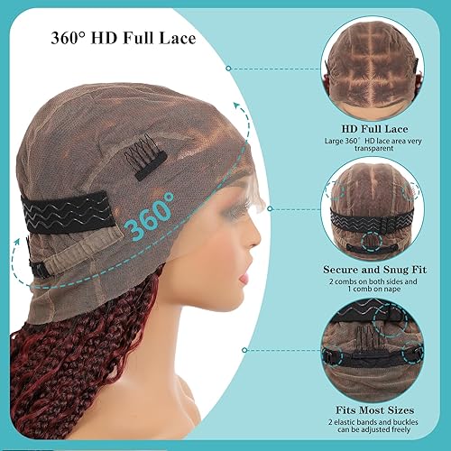Miniatura 3 de Kalyss Pelucas trenzadas de encaje completo HD de 360 sin nudos para mujer, peluca trenzada de caja con abuelitos, pelucas trenzadas de encaje