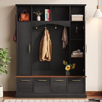 Modern 4-in-1 59" Wide Hall Tree with Golden Hooks & Handles,Entryway Bench with Adjustable Shelves,Wooden Coat & Shoe Rack for Mudroom Living Room Black/R