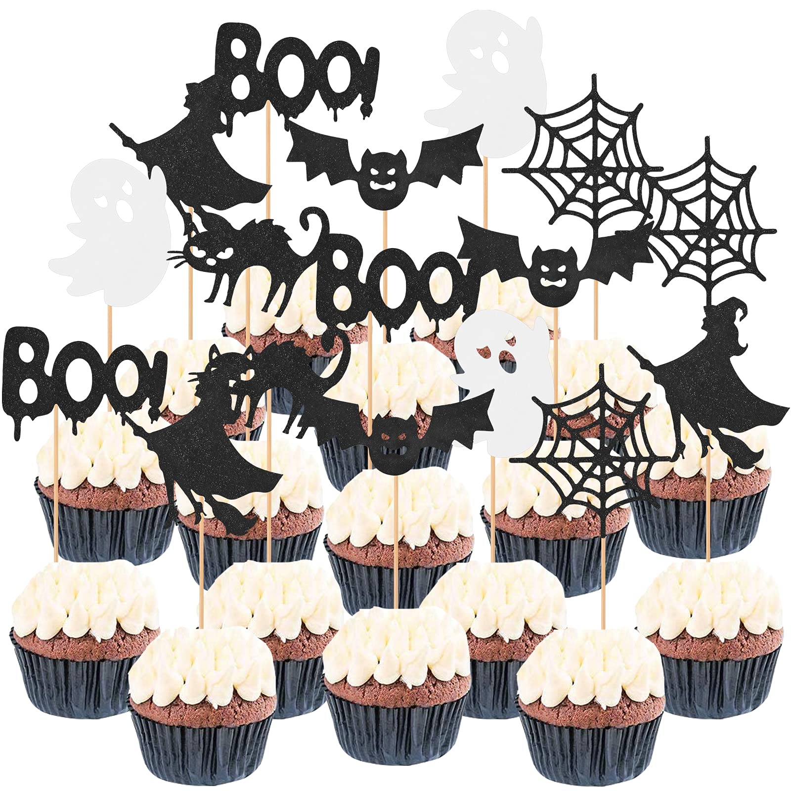 48 Pcs Halloween Cupcake Toppers Bat Ghost Witch Cupcake Picks Glitter Halloween Cake Decorations for Party Decoration Supplies