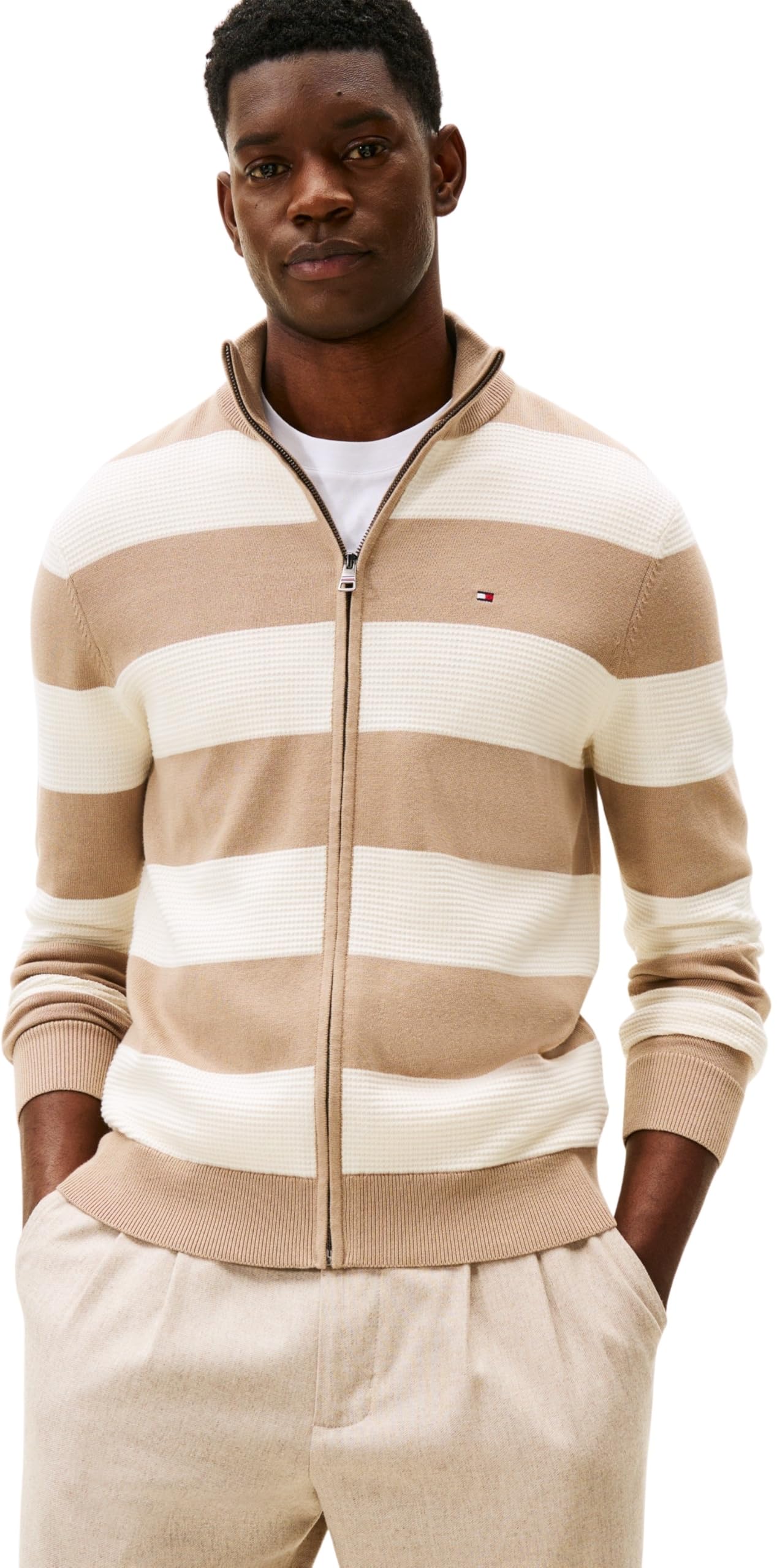 Tommy Hilfiger Men’s Zip Through Cotton Jumper with Stand Collar, Beige (Coastal Taupe/Ivory Petal), L