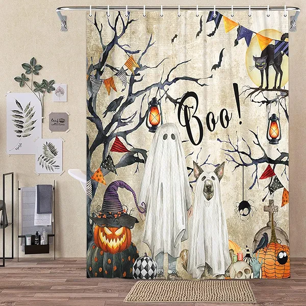 Halloween Shower Curtain, Ghost Pumpkins Tree Dog Shower Curtain Set for Bathroom, Fall Seasonal Fabric Shower Curtain Restroom Bathtub Decor Accessories with Hooks 72X 72 inch