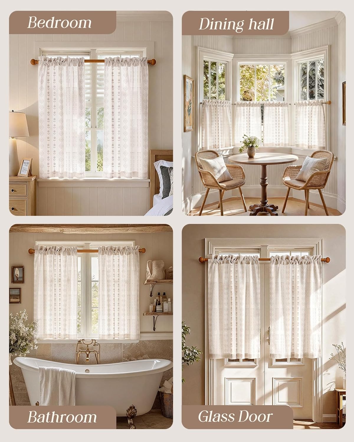 Miss Adola Farmhouse Kitchen Curtains - 36 Inch Length Boho Linen Blend Striped Kitchen Window Tier Curtains Beige Cafe Drapes Rod Pocket for Windows Light Filtering, 2 Panels