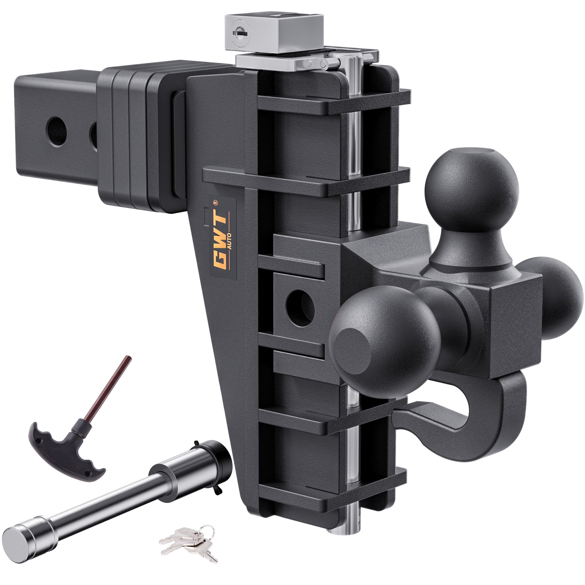 - GWTAUTO Adjustable Trailer Hitch with Hook, Tri-Ball (1-7/8" x 2" x 2-5/16") Drop Hitch, Fits 2.5-Inch Receiver, 6 Inch Drop Hitch, 18500 LBS GTW-Class 3 Tow Hitch for Heavy Duty Truck, Black