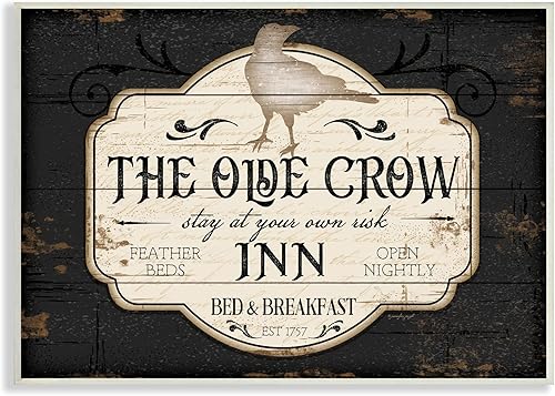 Stupell Industries The Olde Crow Inn - Letrero de Halloween Est. 1757, diseñado por Jennifer Pugh, 15 x 10 pulgadas, color negro