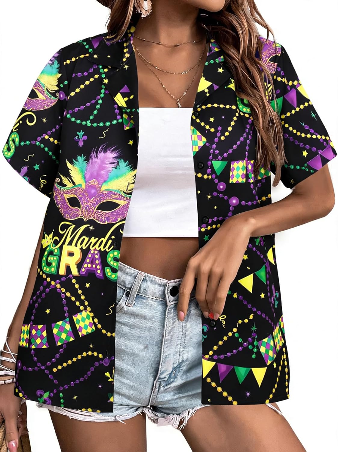 Mardi Gras T-Shirt Hawaii Shirts Women Street Carnival Themed Masks Graphic Tees Beach Vacation Short Sleeve Button Up Tops - Image 5