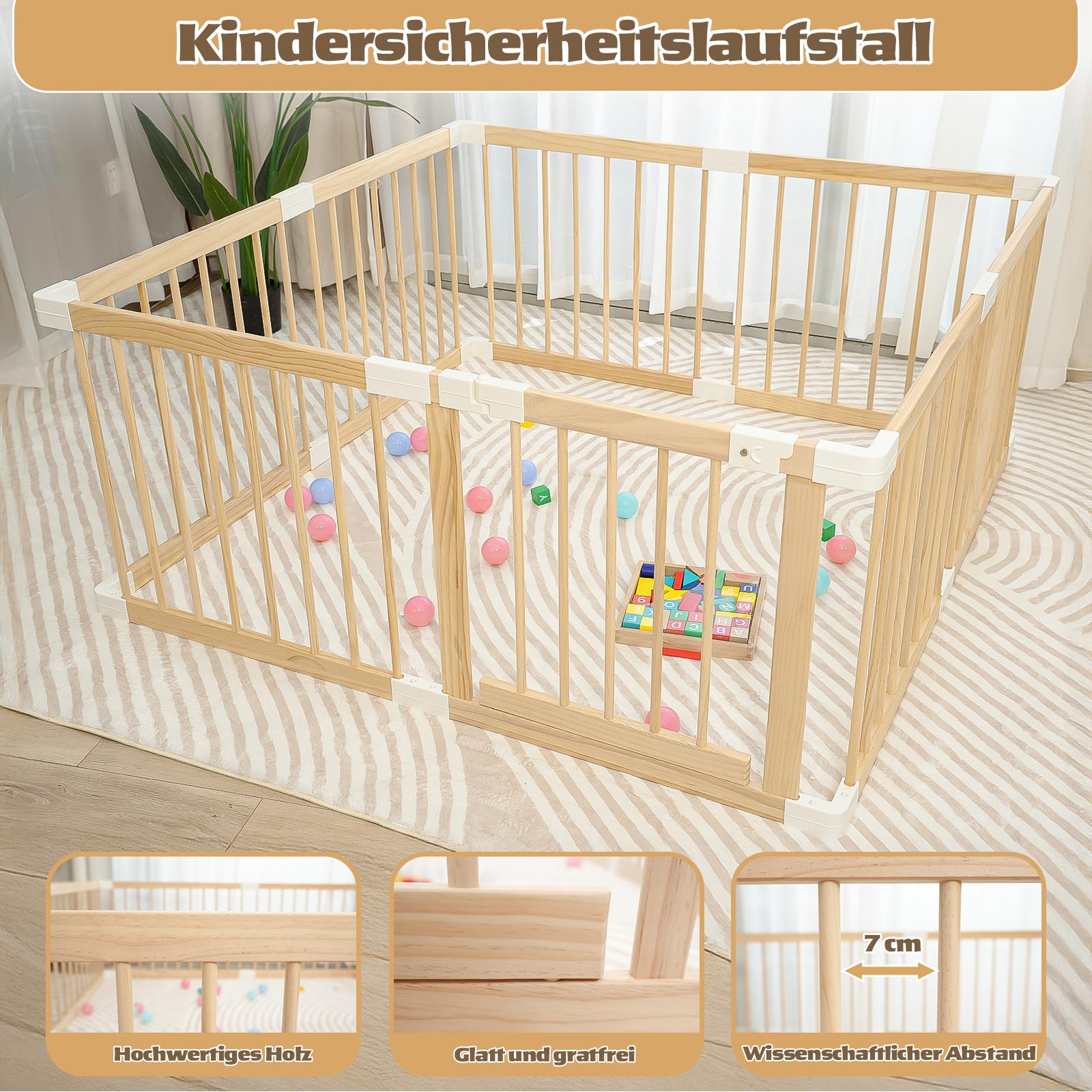 Baby Laufstall aus Holz mit Tür & Sicherheitsverschluss - Robustes Laufgitter zum Zusammenbauen, individuell formbares Krabbelgitter & Absperrgitter für Babys und Kleinkinder(135 * 134 * 61 cm)