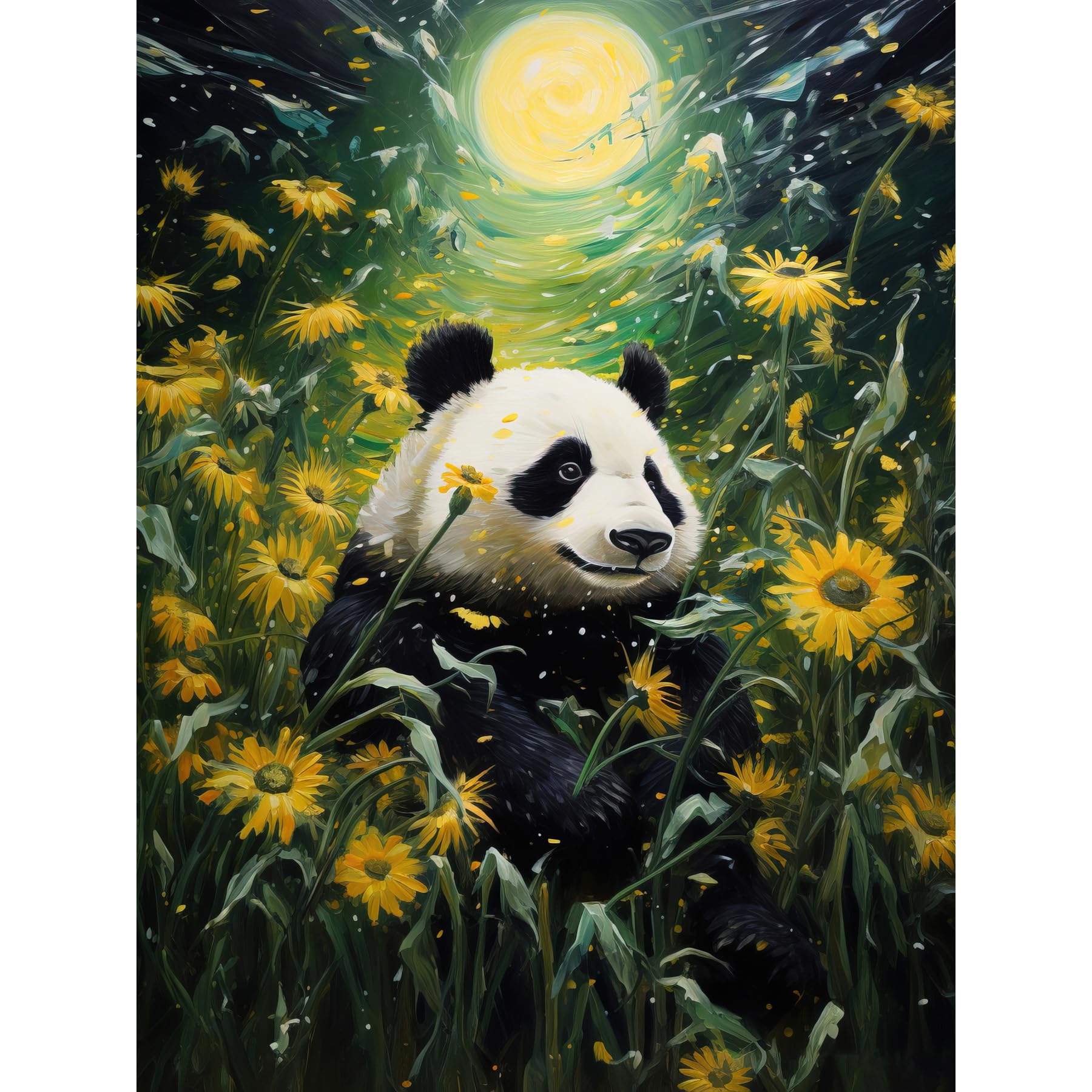 Midsummer Night's Panda Dream Full Moon Sunflower Field Art Poster Print Giant
