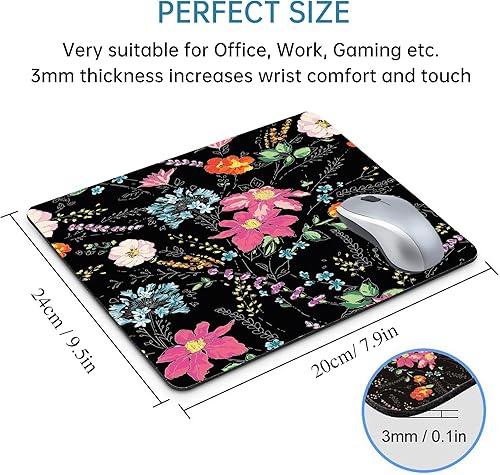 Miniatura 3 de Alfombrilla de mouse negra con diseño de flores, cuadradas, estéticas, para escritorio, lavables, florales, para mujeres y niñas, con base de goma