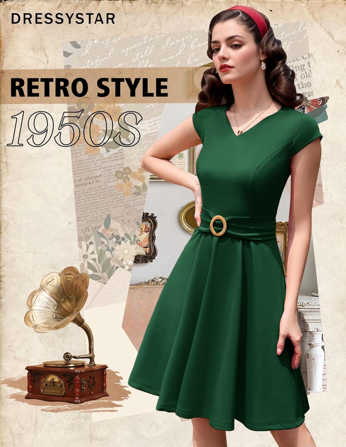 Dressystar Women's Vintage 1950s Dress V Neck A Line Swing Short Retro Cocktail Party Dresses with Cap Sleeves - Image 3