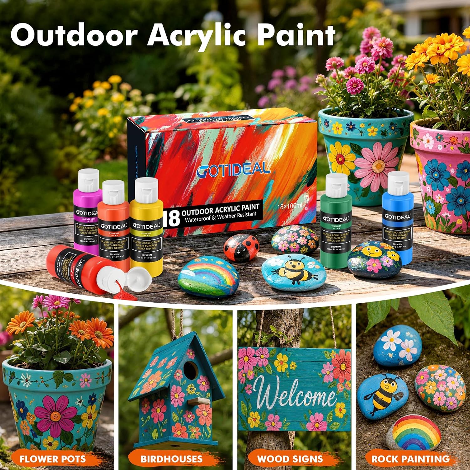 GOTIDEAL Outdoor Acrylic Paint Set, 18 Colors Waterproof Paint 3.4 oz/100ml
