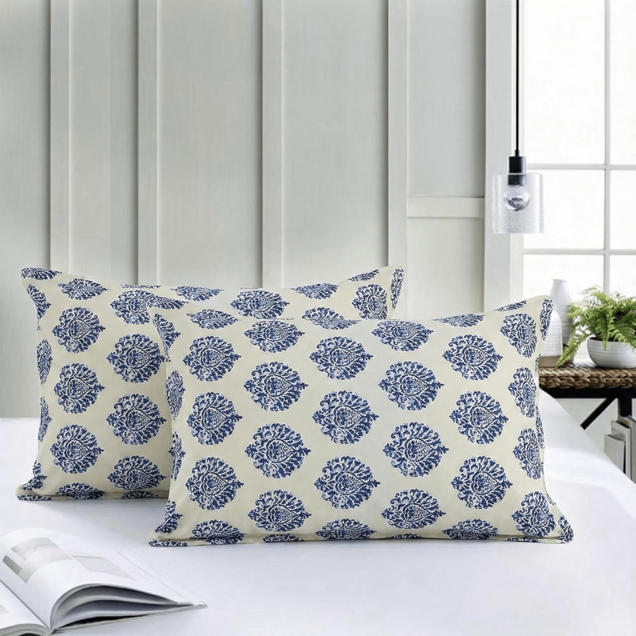 Trance Home Linen 200 Tc 100% Cotton Floral Printed Pillow Covers | Pillow Cases | Set of 2 Piece Pillow Covers Only |Large Size (20 X 30 Inch, Damask Blue)