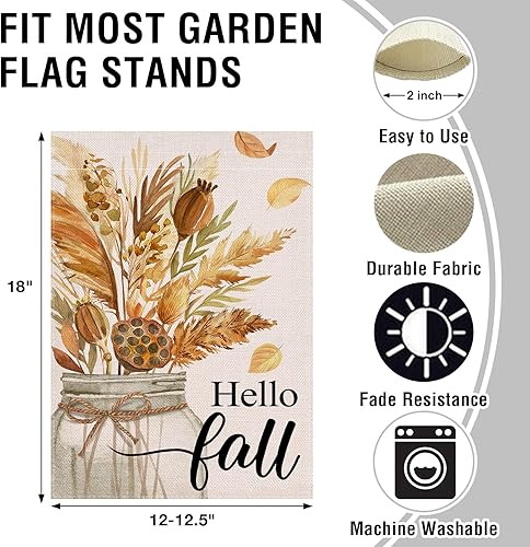 Miniatura 2 de Artofy Bandera decorativa pequeña de jardín con texto en inglés "Hello Fall", frasco de trigo masón de cosecha de otoño, decoración rústica para