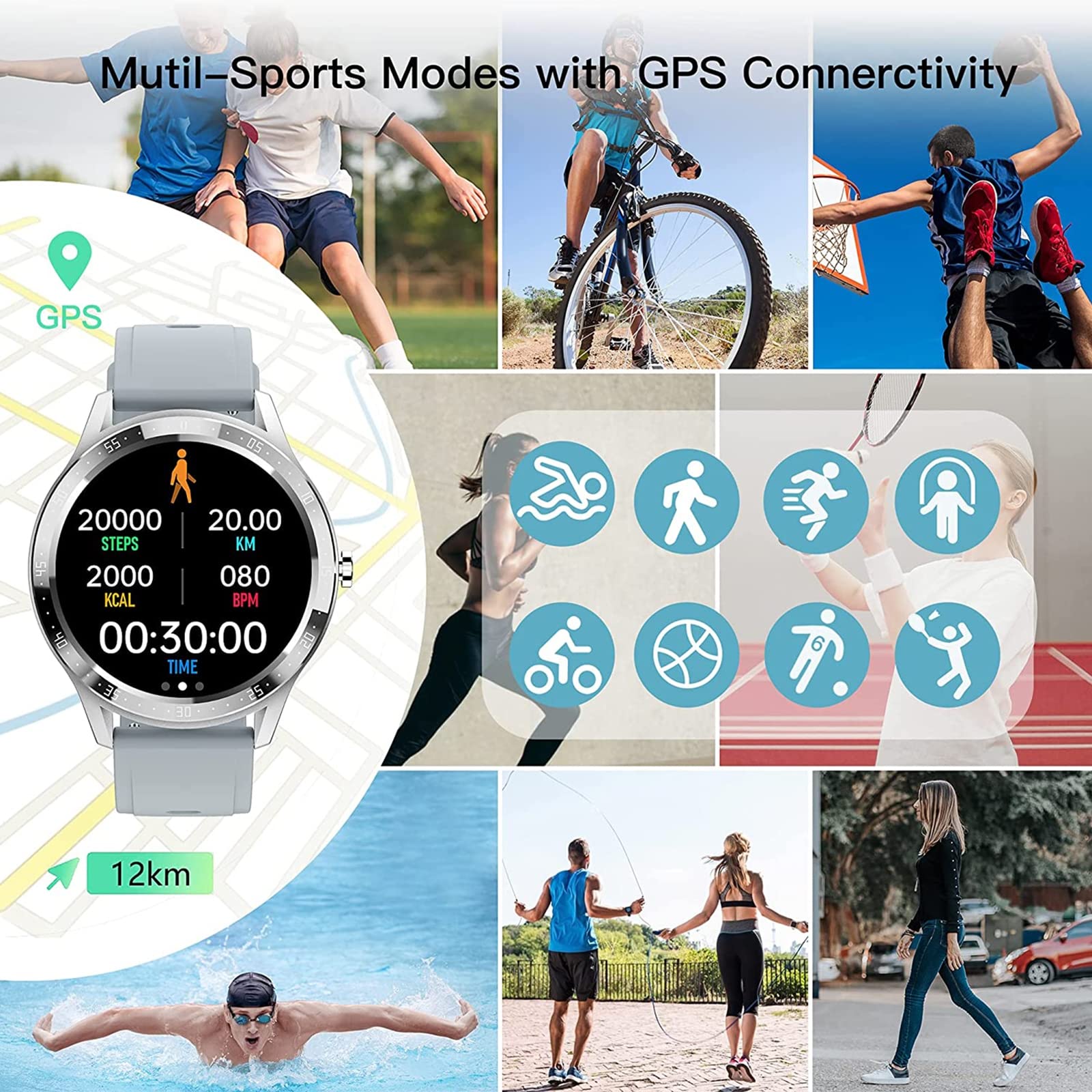 Wodoodporny smartwatch fitness IP68. Wielofunkcyjny modny, dla Androida/iOS, dla mężczyzn, kobiet, nastolatków. Tracker z pulsometrem, krokomierzem, monitorem snu, smartwatchami, biały