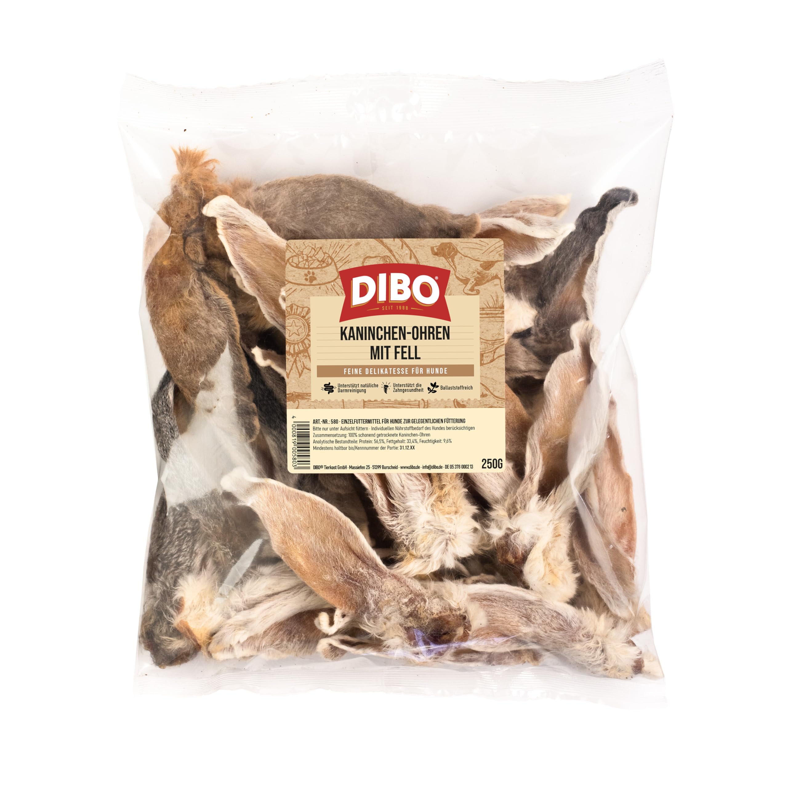 DIBO Oreilles de Lapin avec Fourrure, Sachet de 250 g – Friandise à mâcher Naturelle 100% séchée en Douceur pour Chien, Nettoyage Naturel du côlon, friandises Naturelles et adaptées à l'espèce