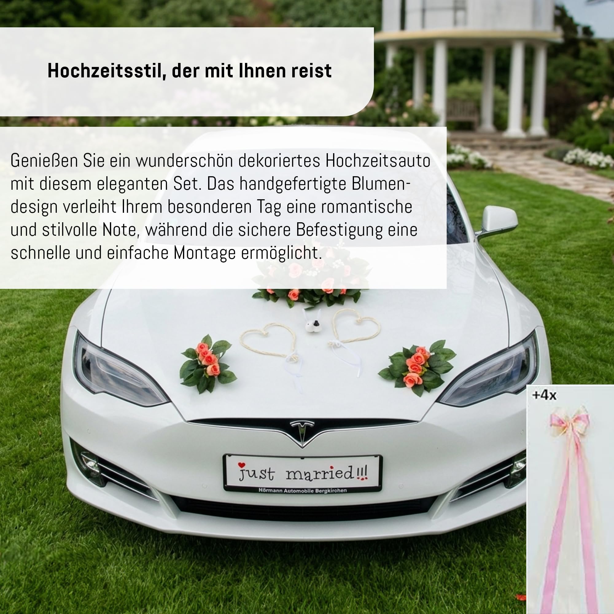 Véritable bouquet de roses - Décoration de voiture - Couple de roses - Colombes - Cœurs et colombes
