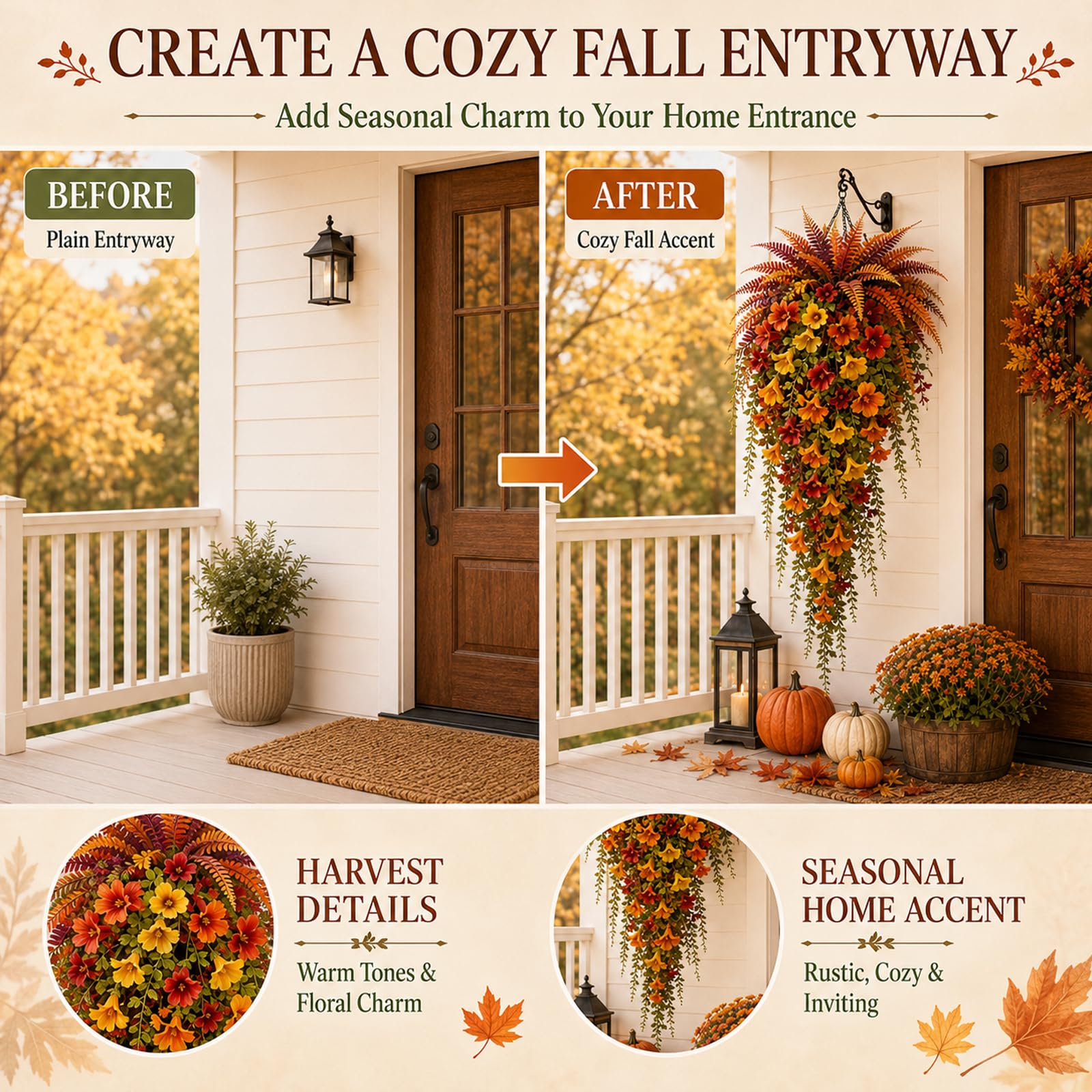 Felce artificiale per decorazione autunnale per esterni, decorazione autunnale per portico e porta, con erba persiana e gloria mattutina, set da 2