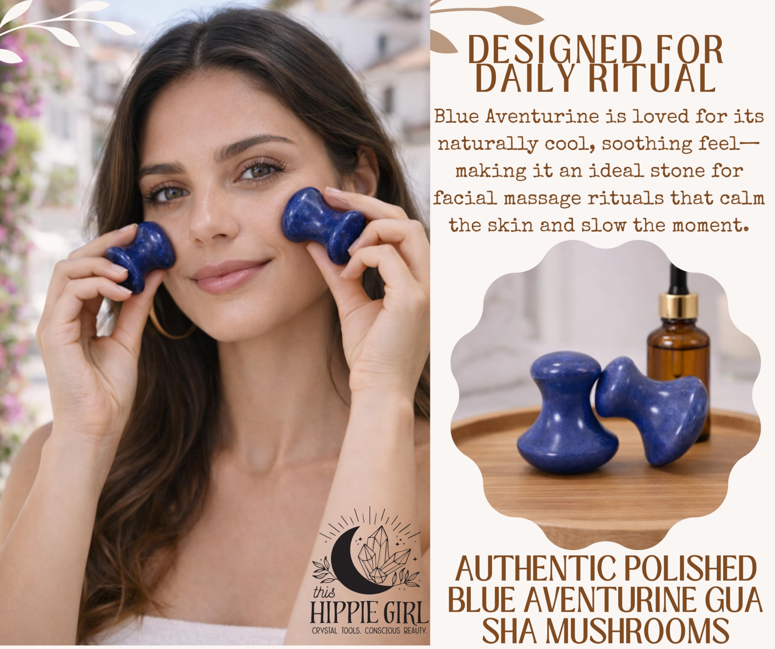 Este juego de 2 herramientas de masaje de cristal natural de aventurina azul Gua Sha para niña hippie (juego de 2) | Piedras hechas a mano para el cuidado de la piel para cara y cuerpo | Alivio de