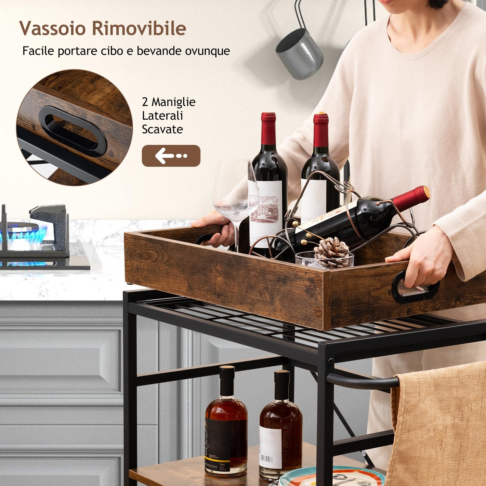 RELAX4LIFE Carrello da Cucina, Carrello da Servizio a 3 Ripiani con Vassoio Rimovibile e Ruote Universali, Carrello Industriale per Cucina, Sala da Pranzo, Soggiorno, Bar, Marrone Rustico e Nero