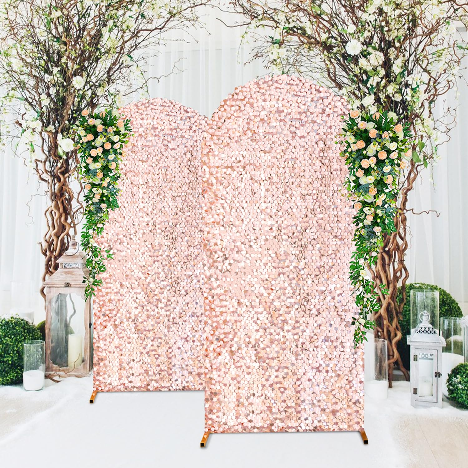 SaitiMade 7.2 FT Bling Arch Backdrop Cover, Rose Gold Sequin Wedding Arch Stand Cover, Round Top Fitted Chiara Backdrop Cover for Birthday Party Ceremony Baby Shower Banquet Decoration