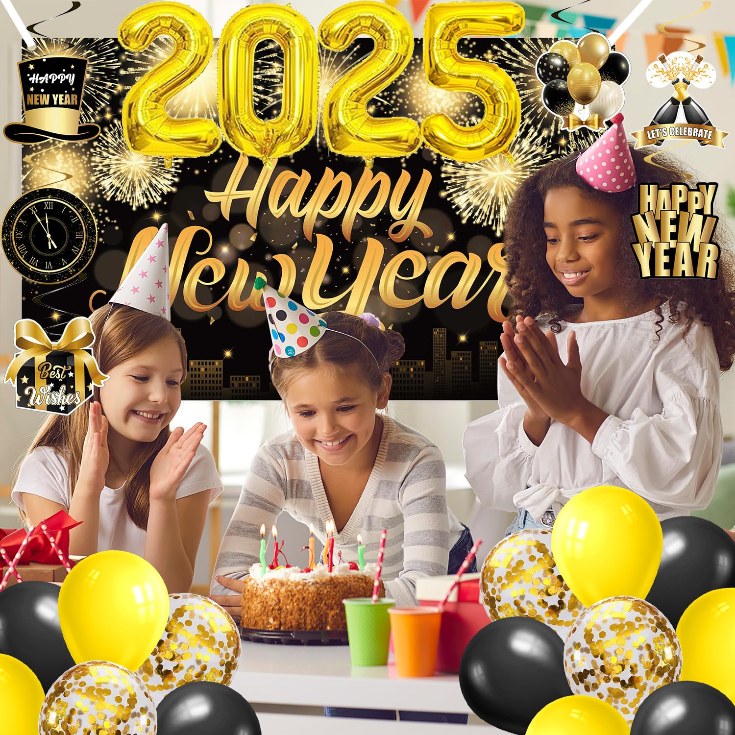 GOLDGE Decorazioni Festa Capodanno XXL, 32inch Numero Palloncino Foil 2025 + Festone di Buon Anno + Palloncini in Lattice + Palloncino Stella a Cinque Punte + Accessori Foto Booth