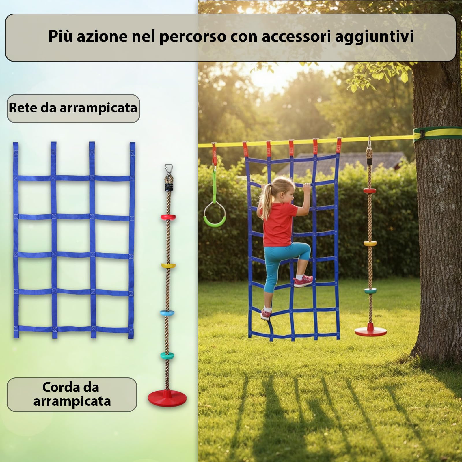 ALPIDEX Ninja Warrior Set 15 m Gioco Bambini Slackline Percorso Sospeso Ostacoli Anelli Ginnastica Nodi Corda Altalena Scaletta Accessori