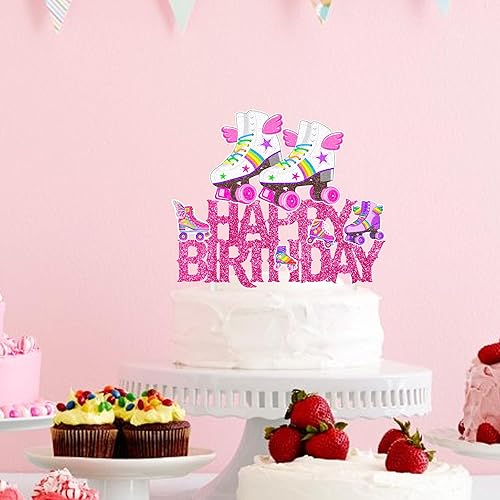Miniatura 6 de Patinaje sobre ruedas de feliz cumpleaños, decoración de fiesta de cumpleaños, patín con purpurina, patines, retro, palillos para tartas para niñas,
