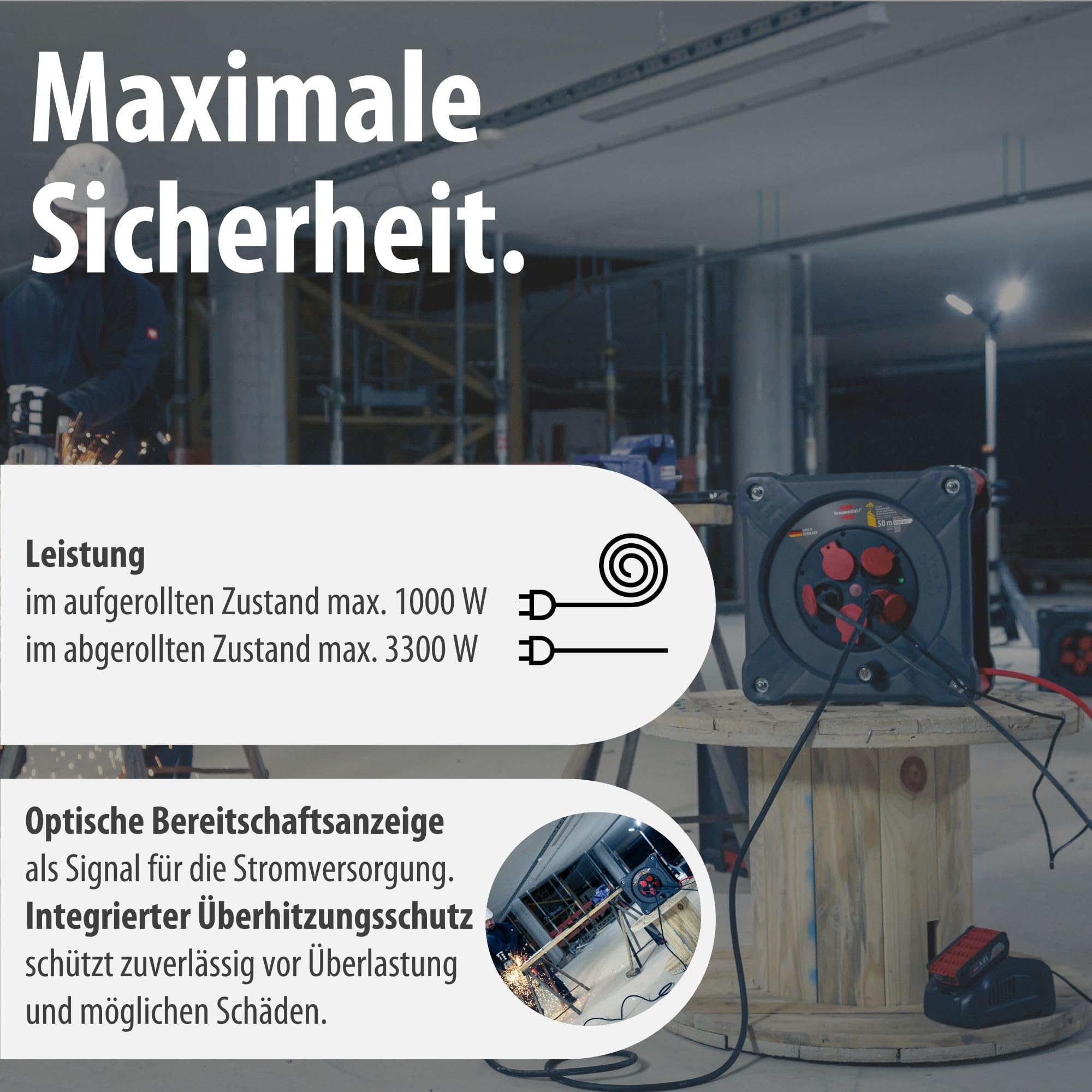 Brennenstuhl Professional Baustellen-Kabeltrommel KA 5210 5 IP44 (50m H07BQ-F 3G2,5 Kabel in rot, 5 Schutzkontakt-Steckdosen, Baustelleneinsatz und ständiger Einsatz im Freien, Made in Germany)