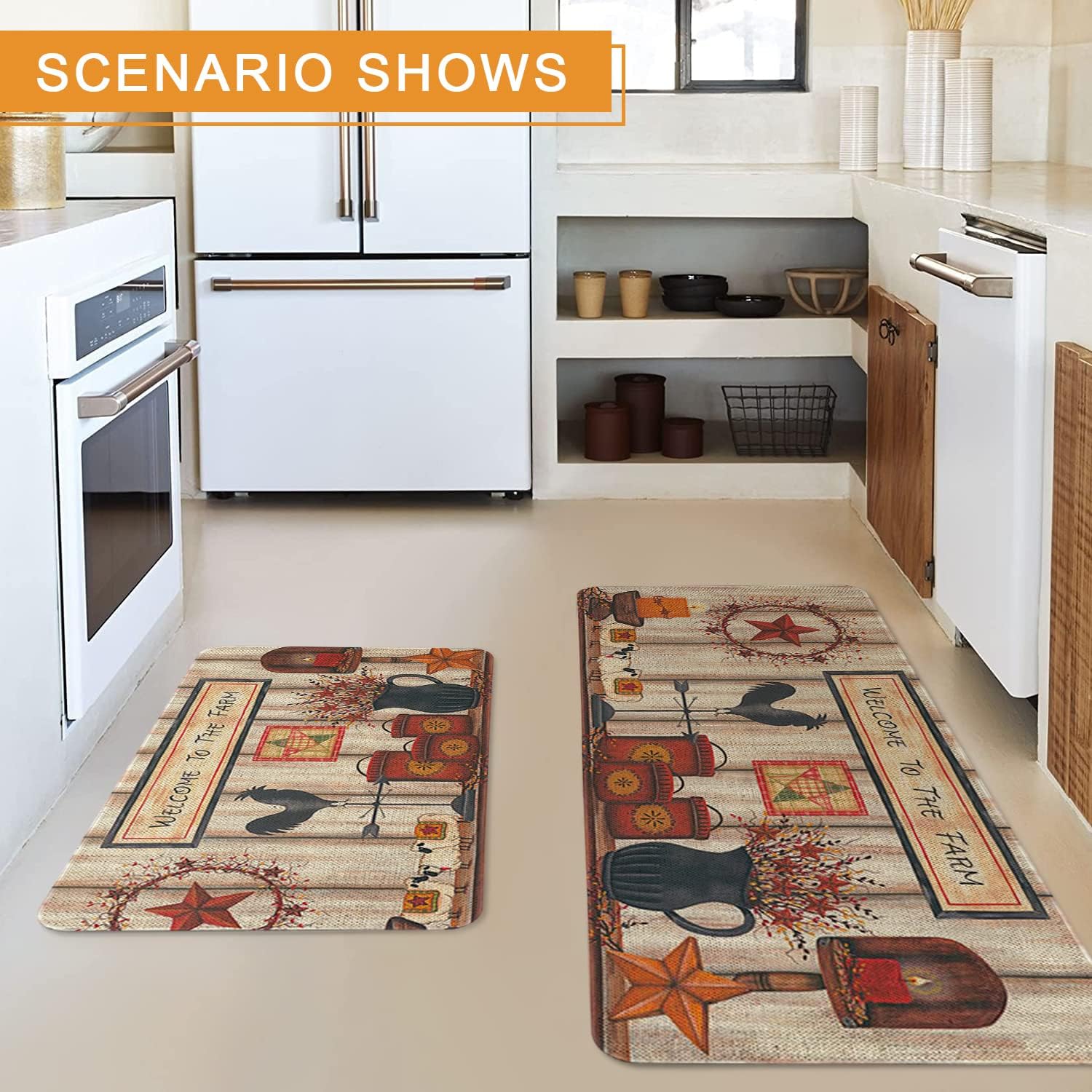 Roszwtit Farmhouse Kitchen Rugs and Mats Set of 2, Welcome to The Farm Rooster Kitchen Mat, Seasonal Holiday Cooking Sets Washable Non-Slip Floor Mats for Home Kitchen Decor - 17x29 and 17x47 Inch