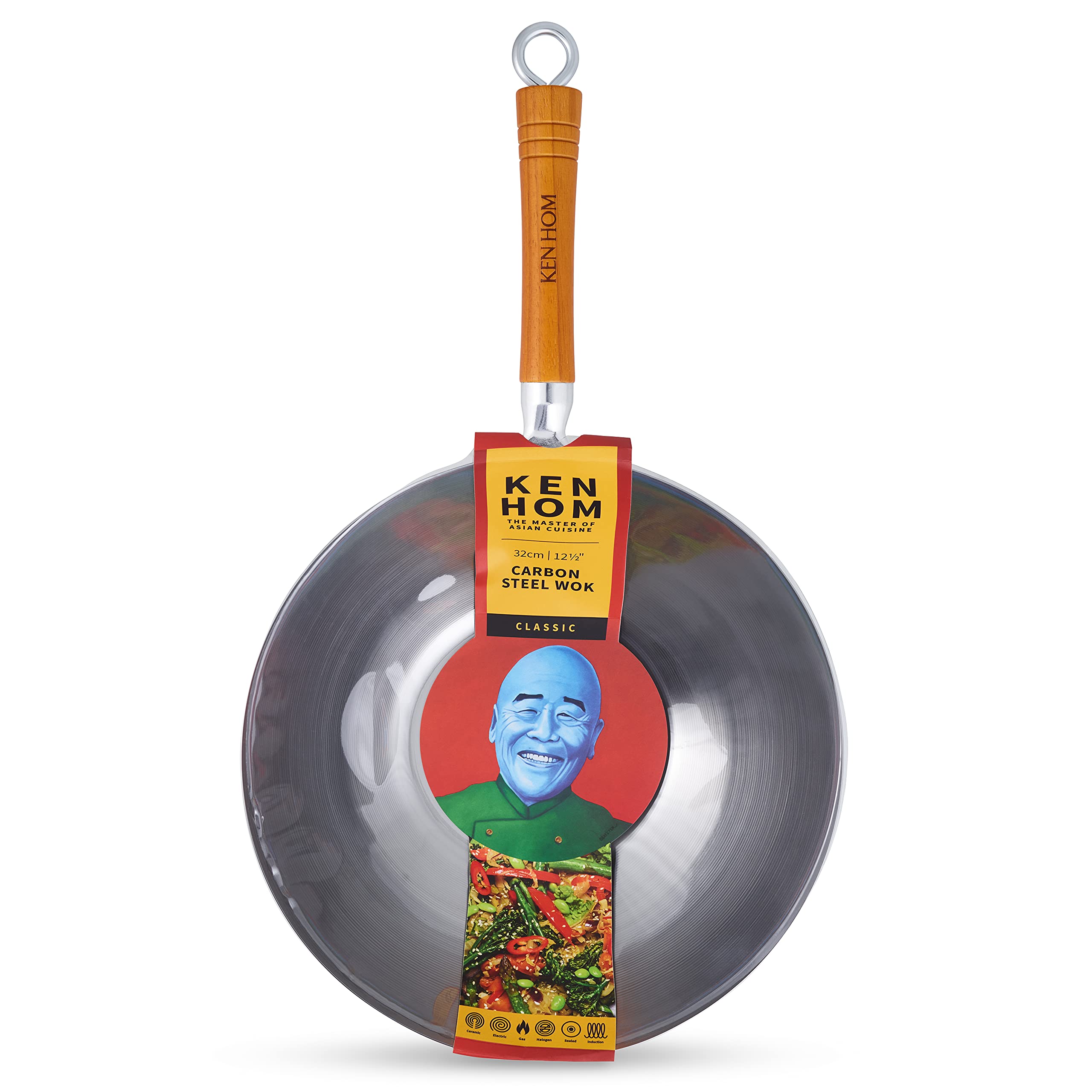 Ken Hom Wok Acero Carbono Tradicional, 32cm, Classic, Sartén Sin Inducción/Con Mango De Madera/Base Plana, No Apto Para Lavavajillas