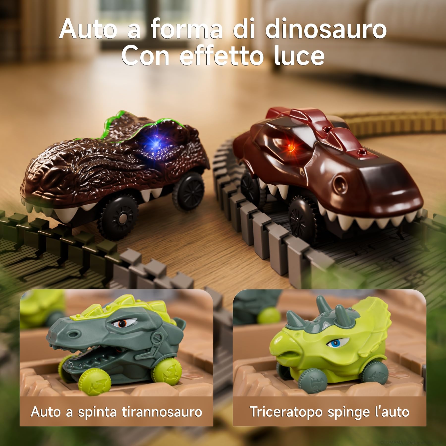 Pista Macchinine Dinosauri OR OR TU – Treno Elettrico Flessibile Con 188 Pezzi E 8 Scheletri Di Dinosauro, Regalo Per Bambini 3-6 Anni