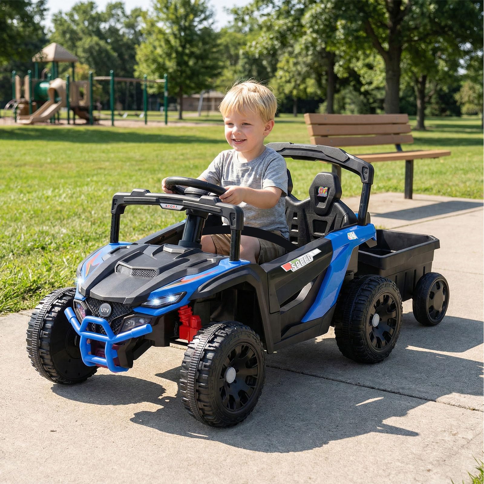 DREAMADE Tracteur Électrique Enfant 12V avec Remorque Détachable, Télécommande Parentale 3 Vitesses, Suspensions, Lumières LED & Musique, Voiture à Batterie pour Enfants 3+ Ans (Bleu)