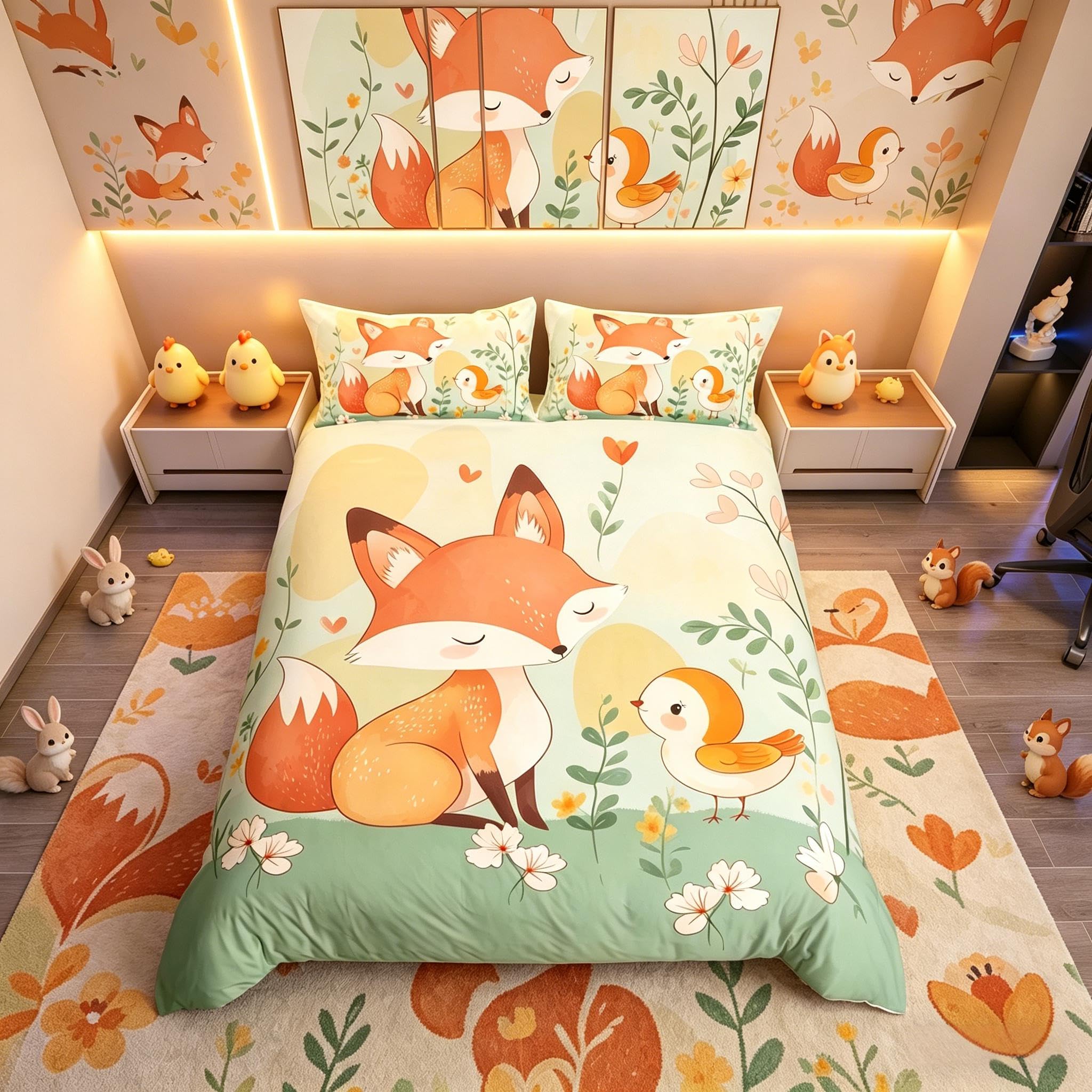 Homemissing Children'S Fox Bed Set Bird Print Down Duvet Set Super King Cute Animal Bedding Set Natural Flower And Leaf Pattern Cute Bedding Bedroom Decoration 3-Piece Set