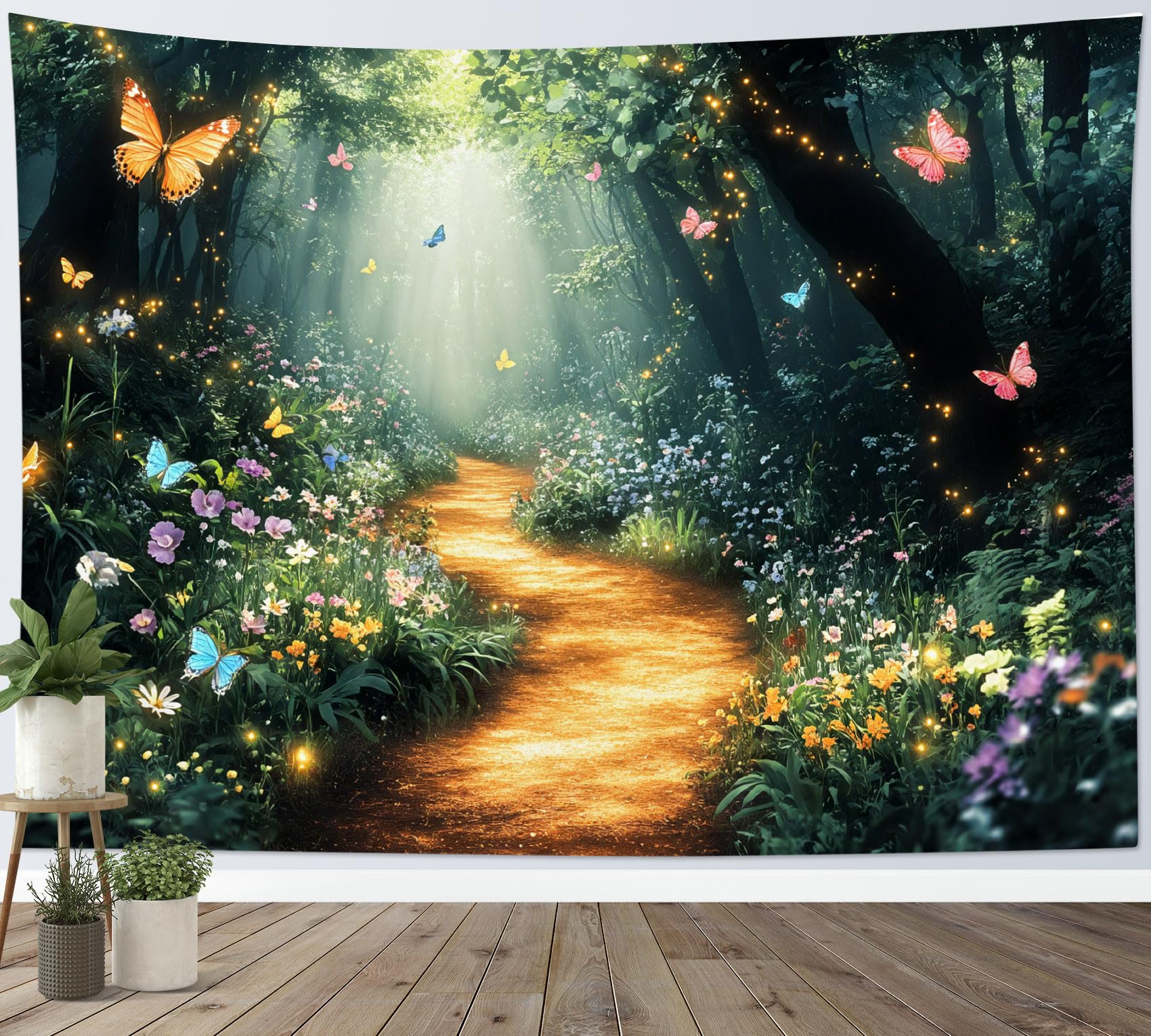 LB Fairy Tale Forest Tapestry Flower Butterfly Tree Green Plants Tapestry Wall Hanging Nature Garden Landscape Tapestries for Living Room Bedroom Dorm Wall Decor,59x51 inch — image 1
