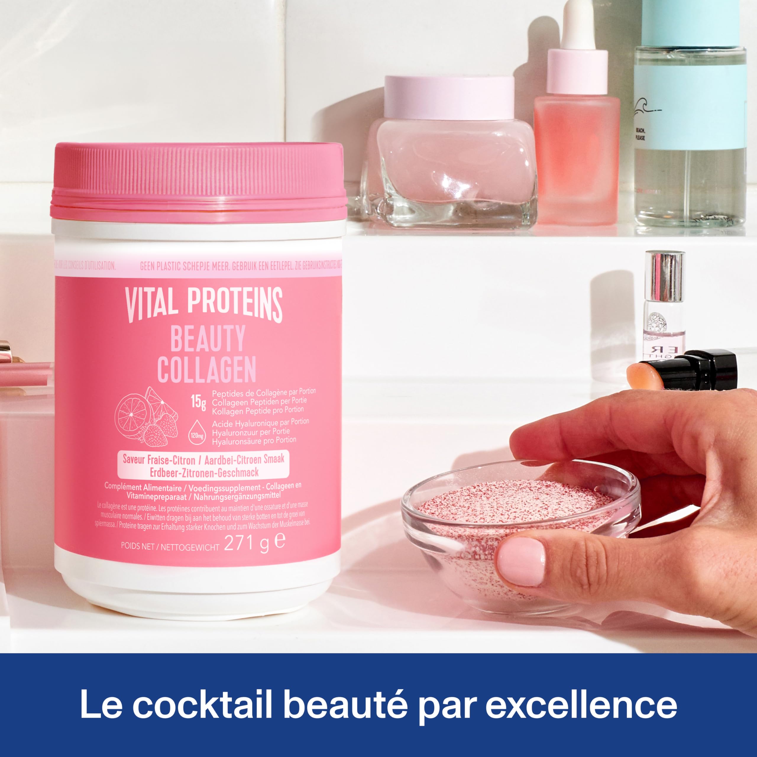 Vital Proteins Beauty Collagen 271g, Collagène Bovin Hydrolysé avec Acide Hyaluronique, Biotine, Poudre pour Peau, Cheveux, Ongles, 15g de collagène par portion, Goût Fraise Citron