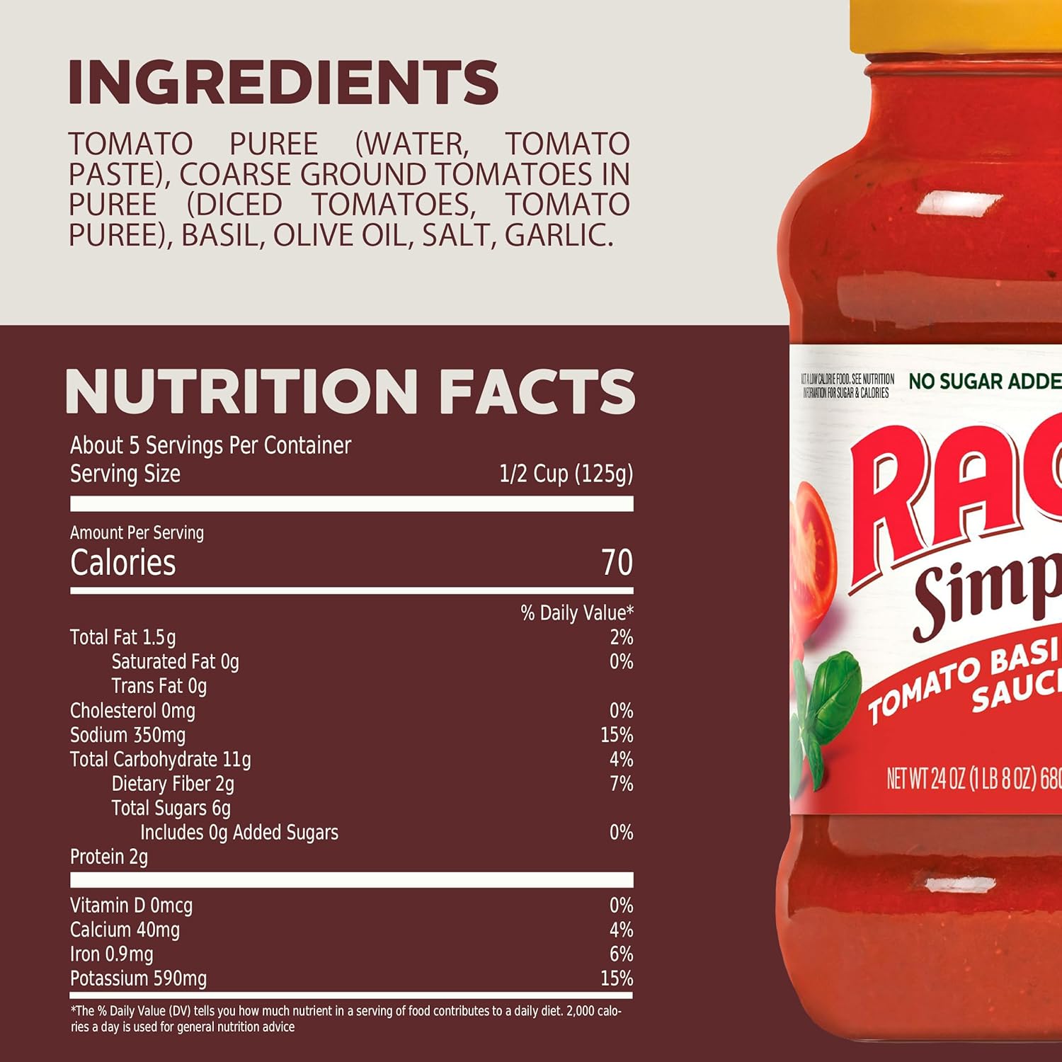 RAGÚ Simply Tomato Basil Pasta Sauce, 24 oz (Pack of 6)